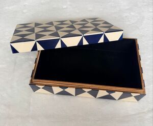 Navy Blue & Cream Geometric Keepsake Jewelry Box Black Lined